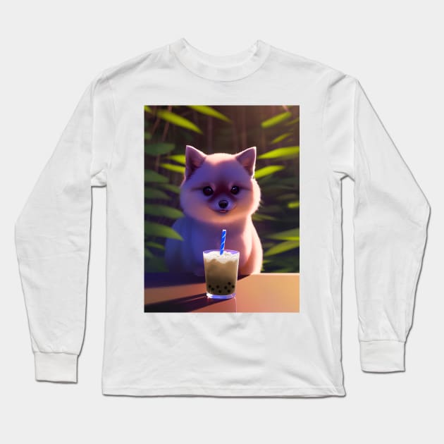 Pomeranian with boba bubble tea Long Sleeve T-Shirt by akwl.design